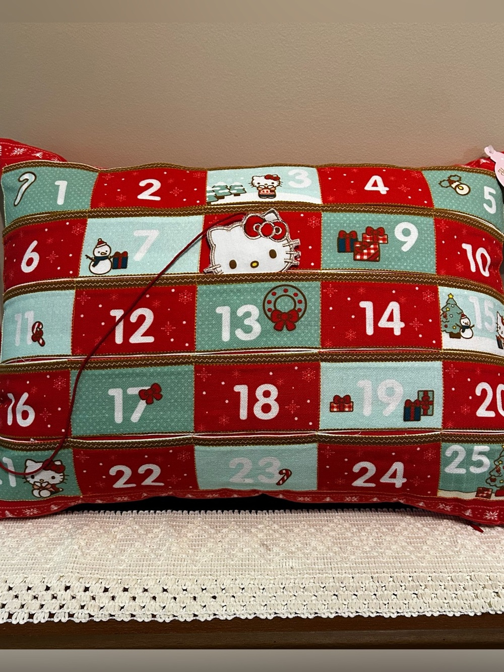 Hello Kitty Red Advent Holiday Pillow with Numbered Pockets & Kitty Date Marker
